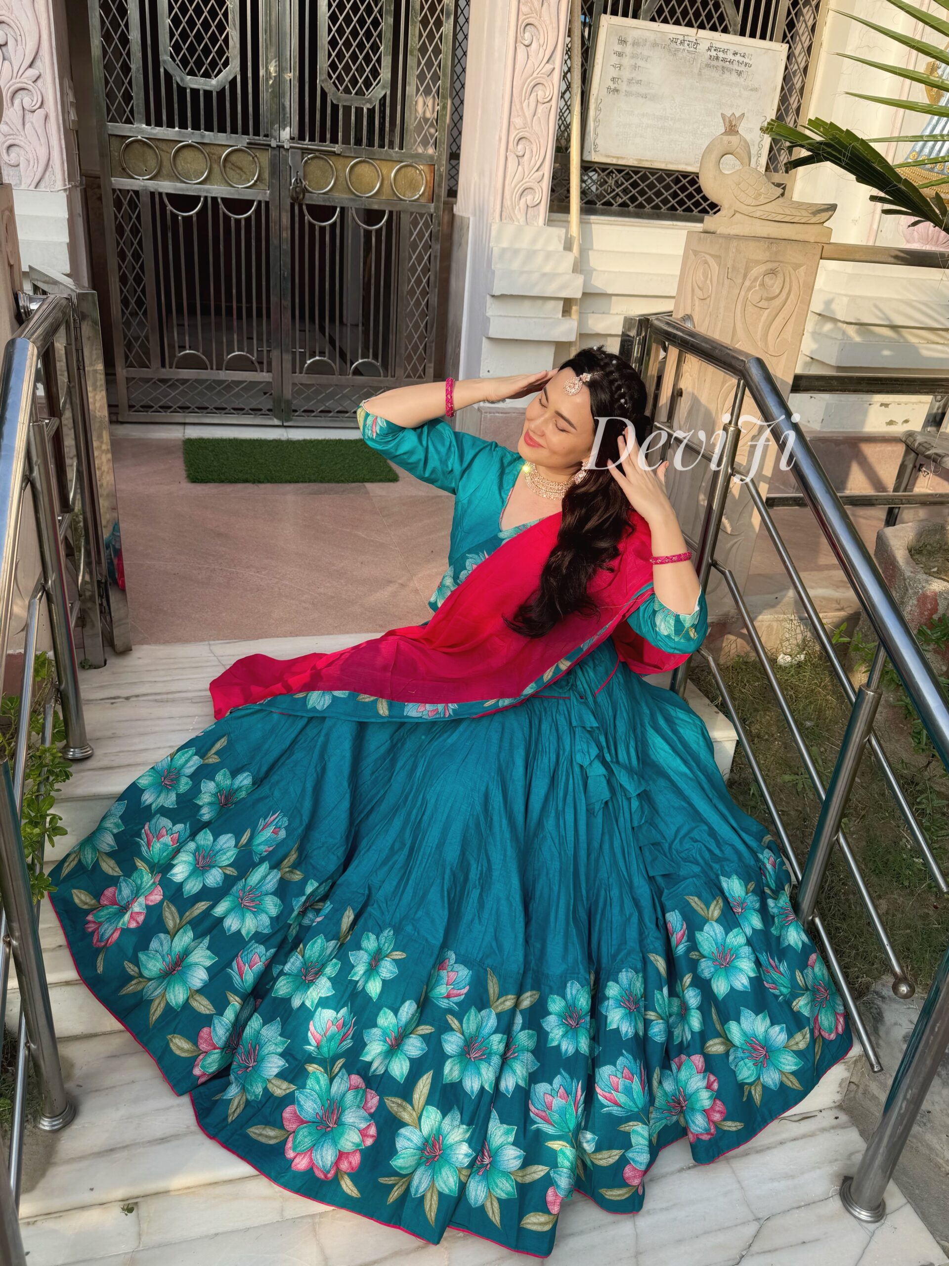 Teal flowers silk gopi dress