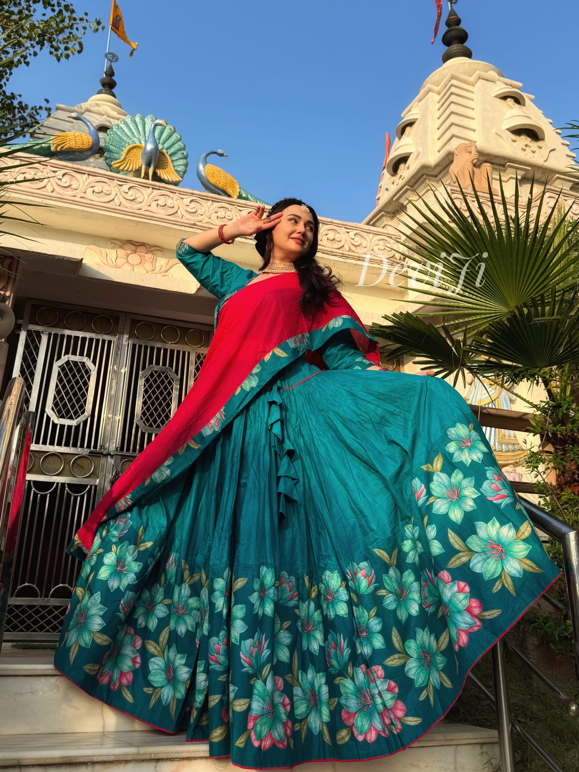 Teal flowers silk gopi dress - Image 7