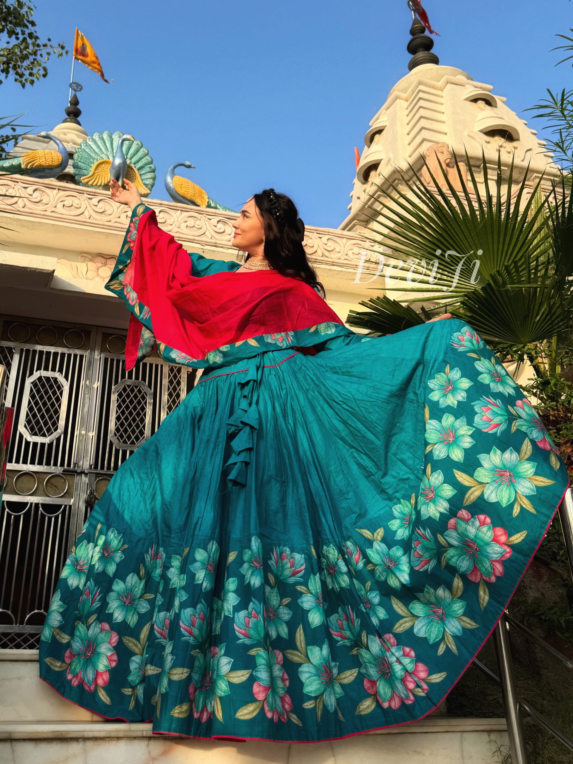 Teal flowers silk gopi dress - Image 2