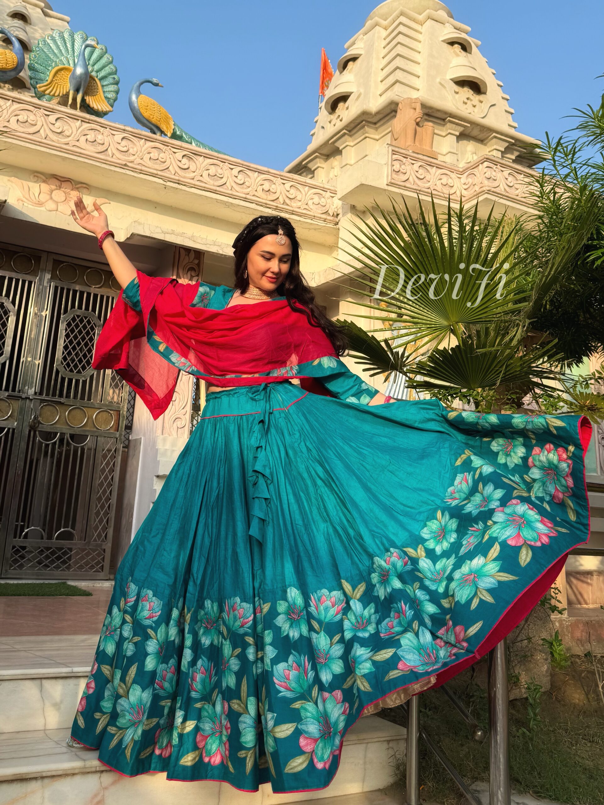 Teal flowers silk gopi dress - Image 4