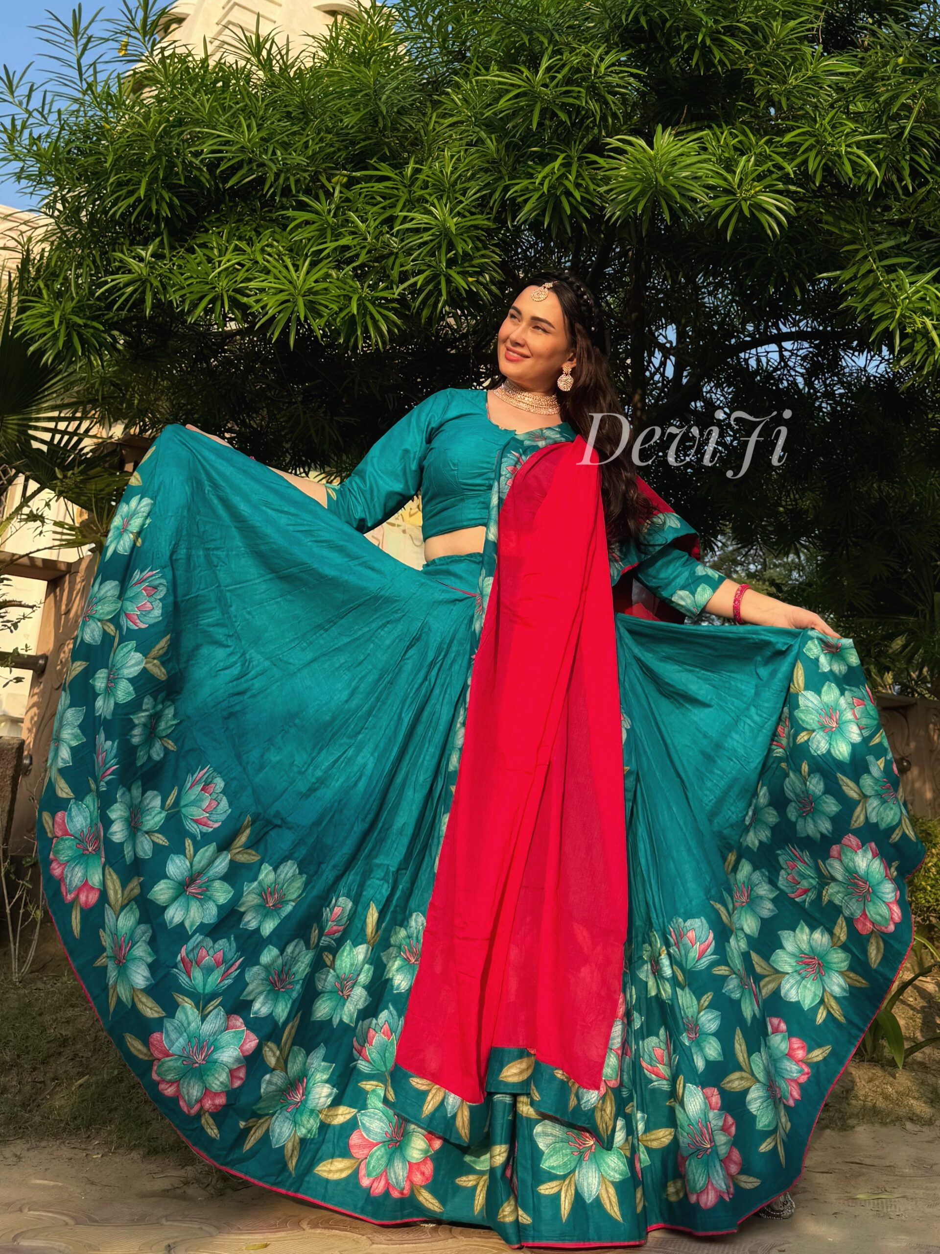 Teal flowers silk gopi dress - Image 5